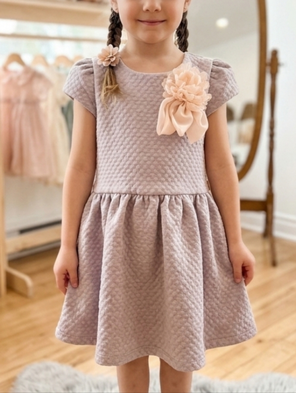 Pippa & Julie Mauve Textured Dress with Blush Flower 4T